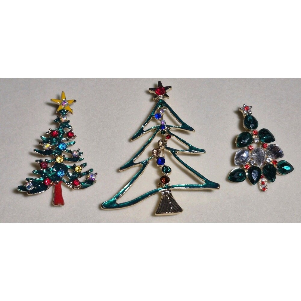 3 Christmas Tree Pins Reinstones 1"- 2 1/2" Lapel, Coat Pins, Jackets